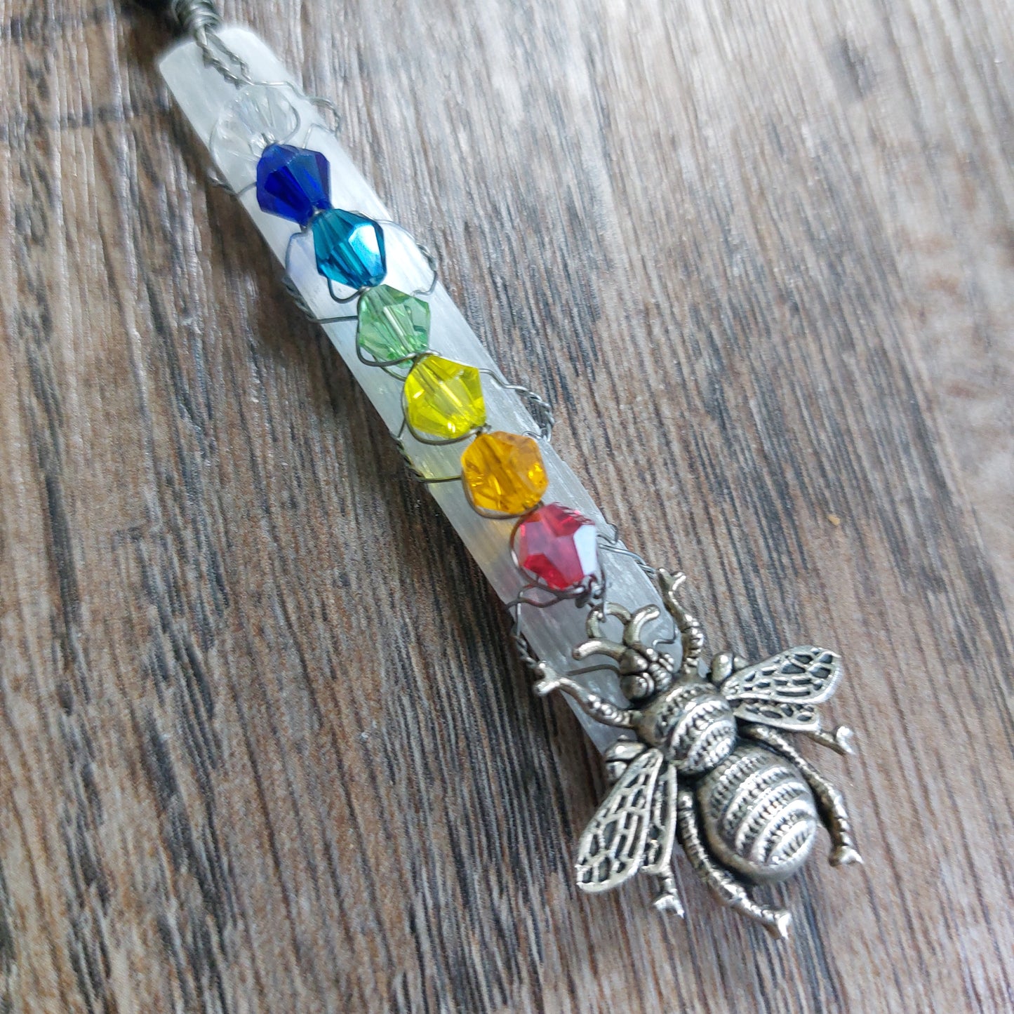 Selenite car charm with chakra beads and honeycomb/bee