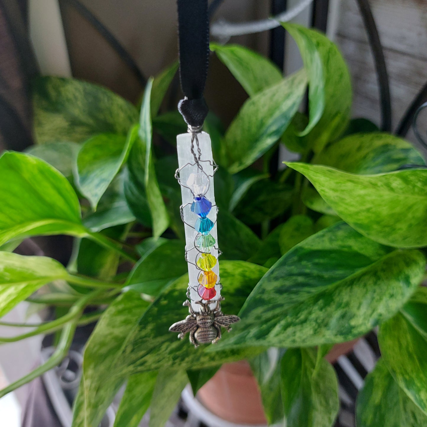 Selenite car charm with chakra beads and honeycomb/bee