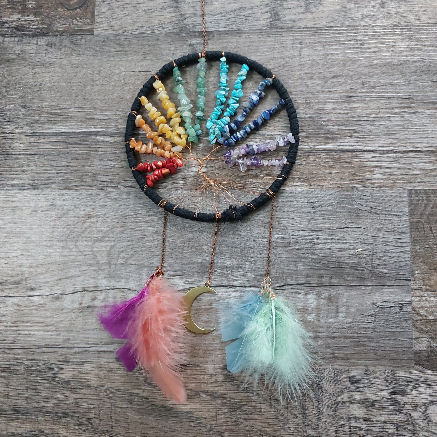 Rainbow Chip Stone Tree of Life Dream Catcher with feathers and crescent moon
