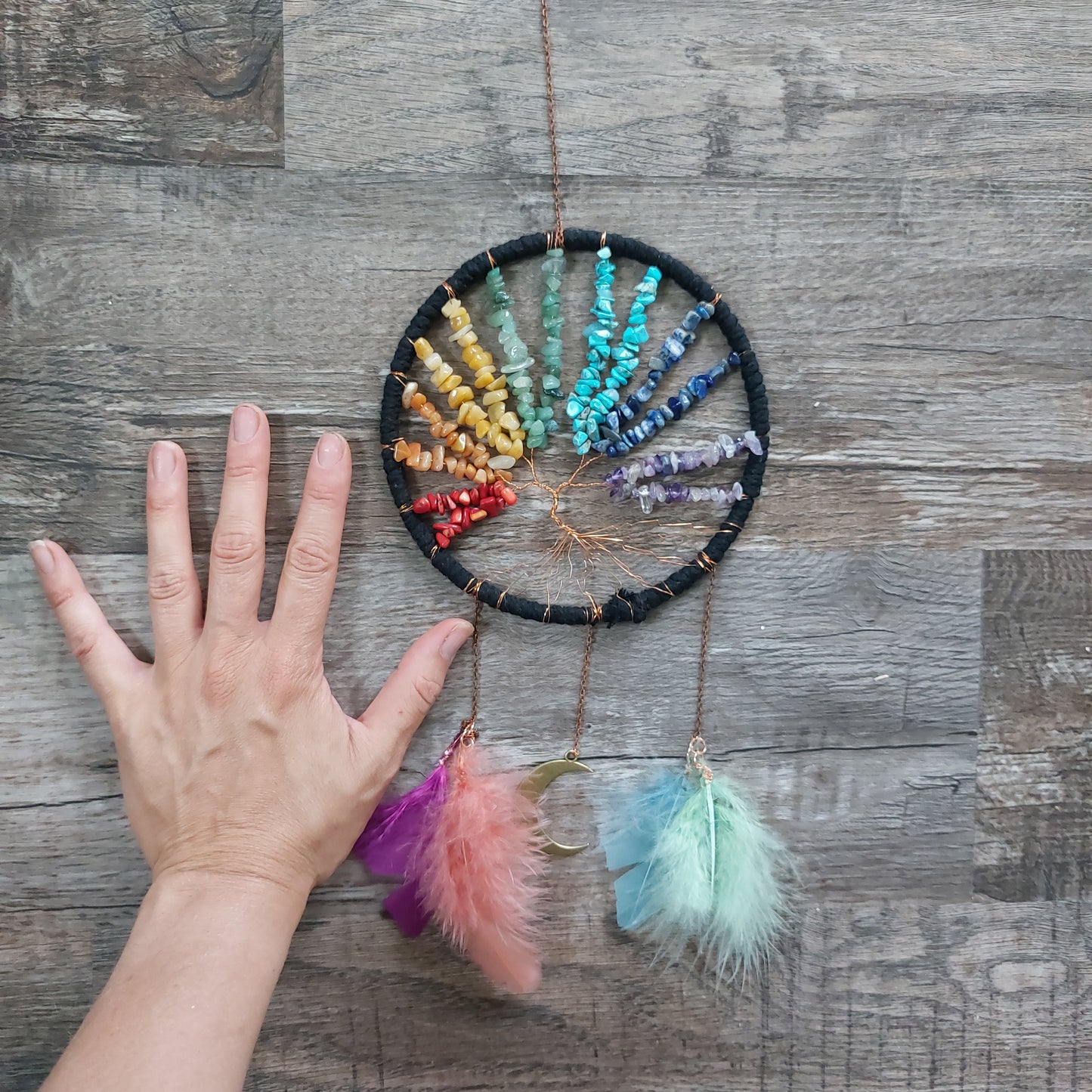 Rainbow Chip Stone Tree of Life Dream Catcher with feathers and crescent moon