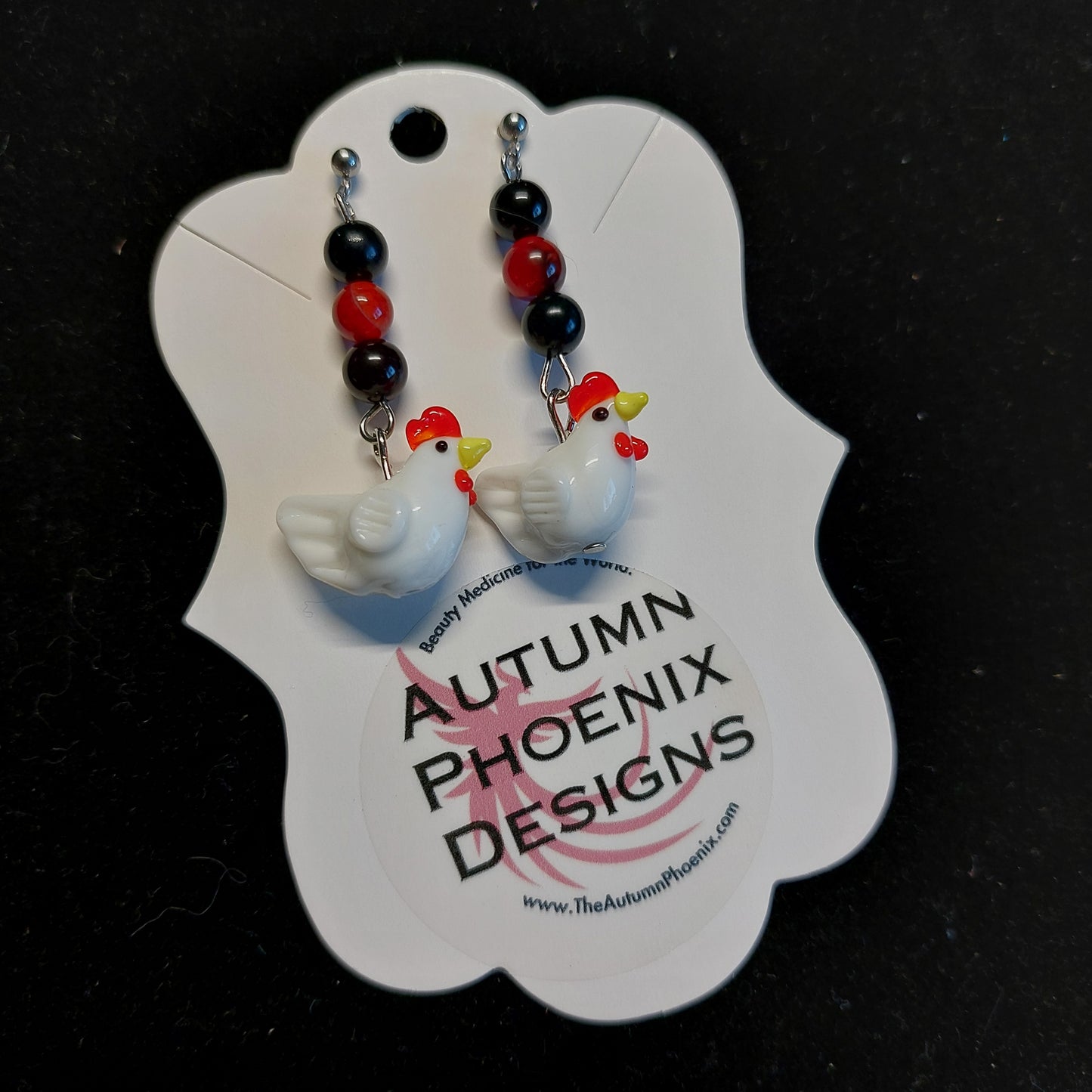 Chicken earrings with dyed crackle agate beads
