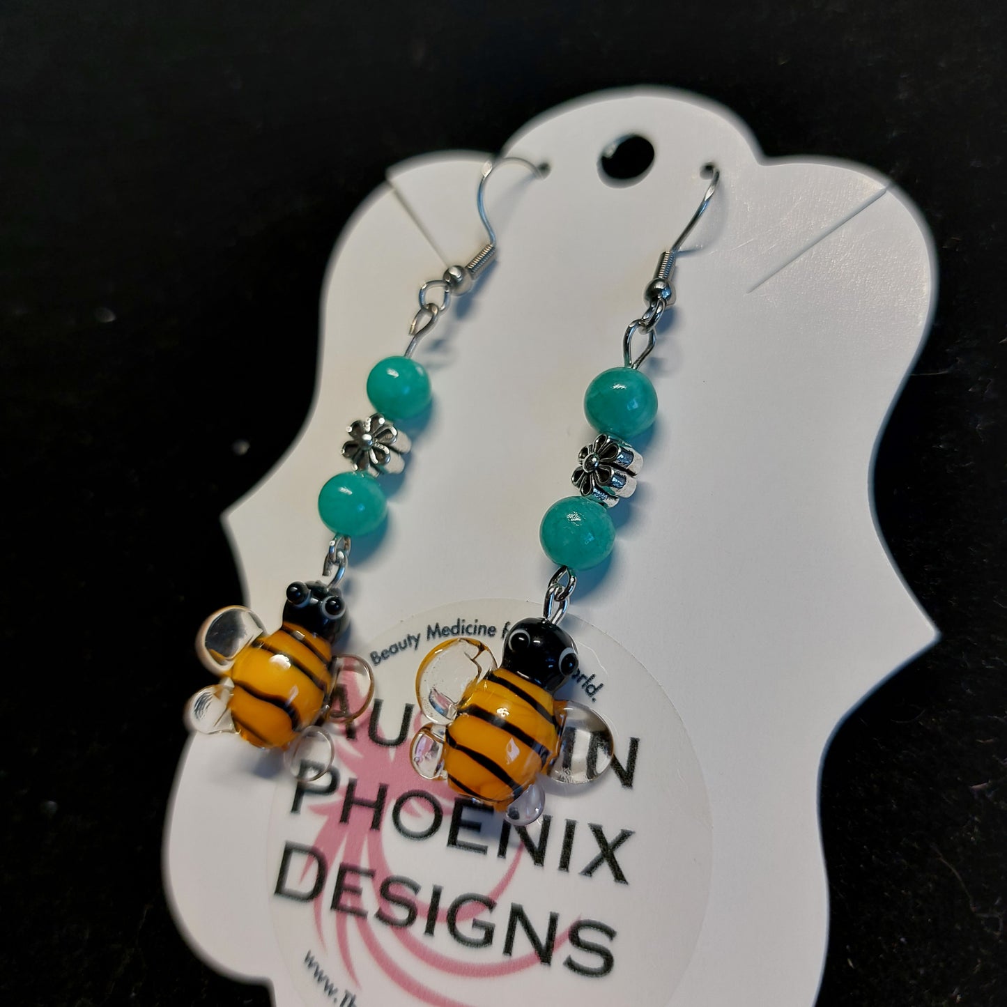 Teal bee earrings