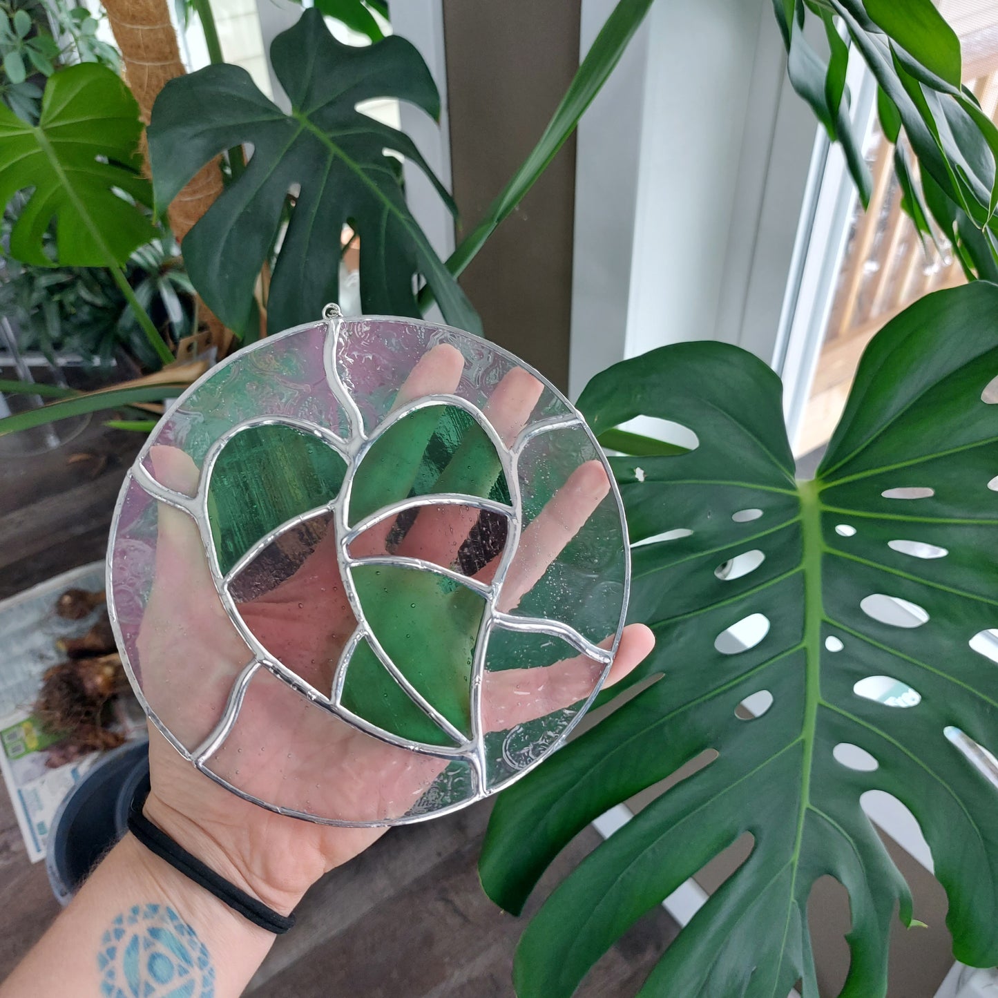 Pink Princess Philodendron Circular Stained Glass Panel Sun Catcher