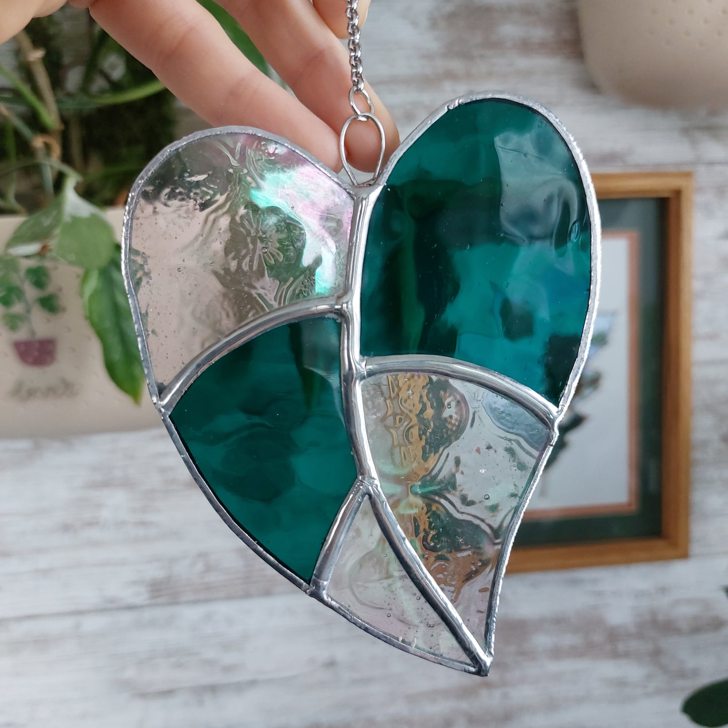 Teal & Iridescent Clear Philodendron Leaf Sun Catcher (small imperfection)