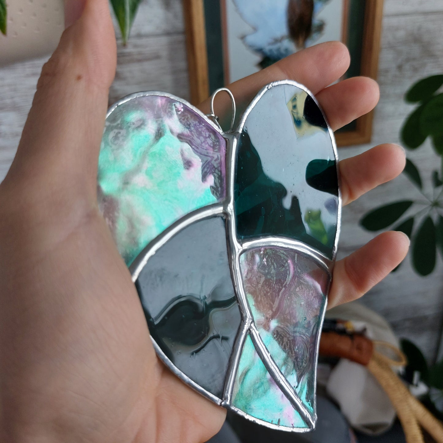 Teal & Iridescent Clear Philodendron Leaf Sun Catcher (small imperfection)