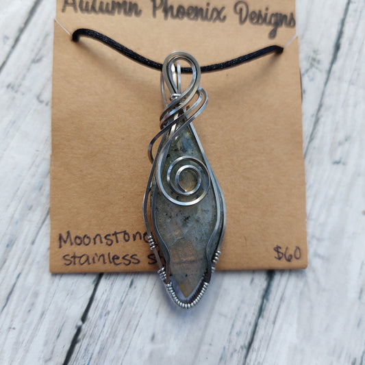 Moonstone in Stainless Steel Wire | Wire Wrapped Crystal Jewelry