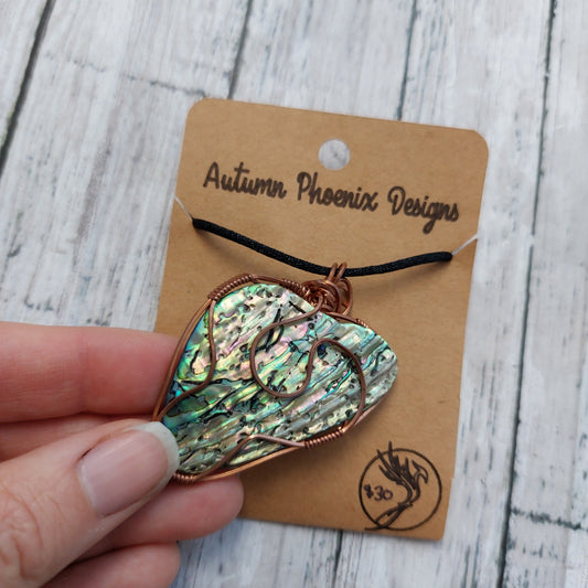 Large, Lightweight Abalone Pendant in Copper Wire | Wire Wrapped Crystal Jewelry