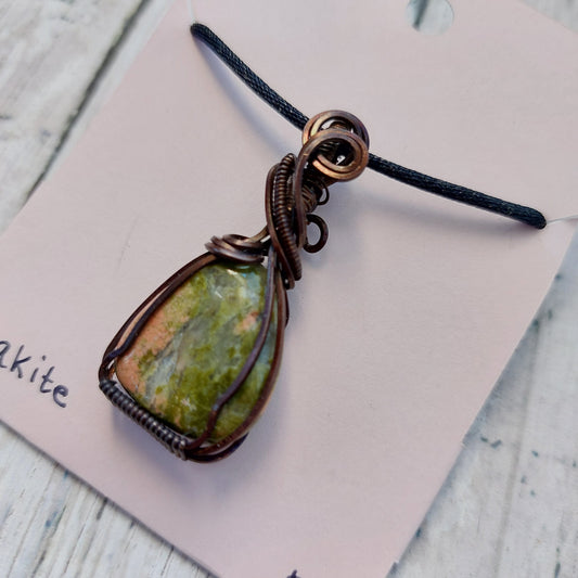 Petite Unakite Stone in Oxidized Copper Pendant | Wire Wrapped Crystal Jewelry