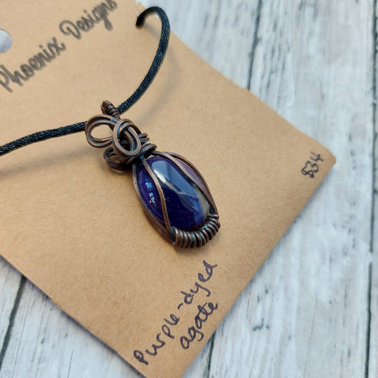 Petite purple-dyed agate in oxidized copper wire | Wire Wrapped Crystal Jewelry