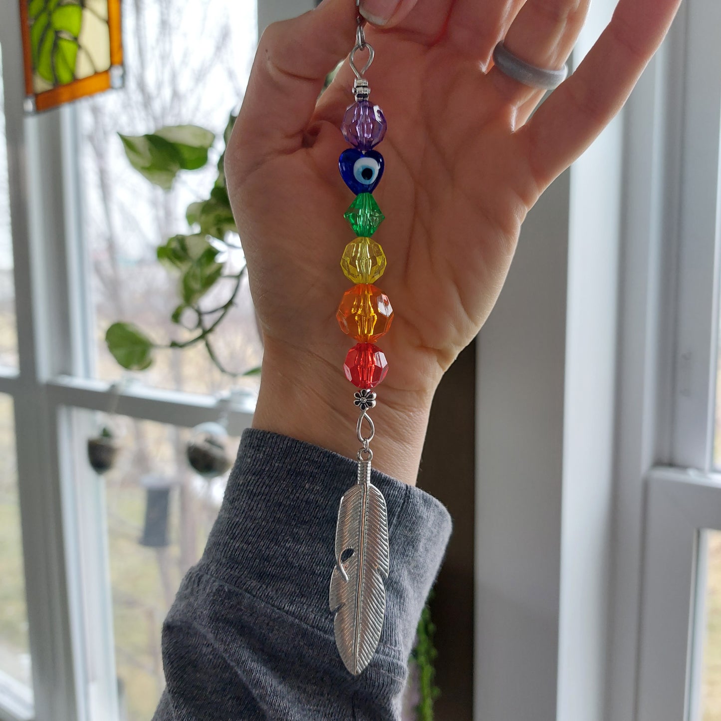 Rainbow flower pot bling with evil eye and feather charm | window hanging, wall decor, car charm, fan/light pull, ornament- whatever you want it to be!