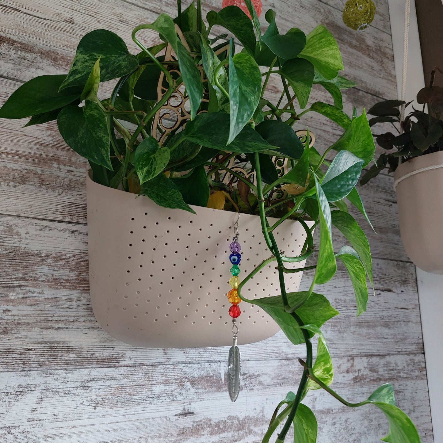 Rainbow flower pot bling with evil eye and feather charm | window hanging, wall decor, car charm, fan/light pull, ornament- whatever you want it to be!