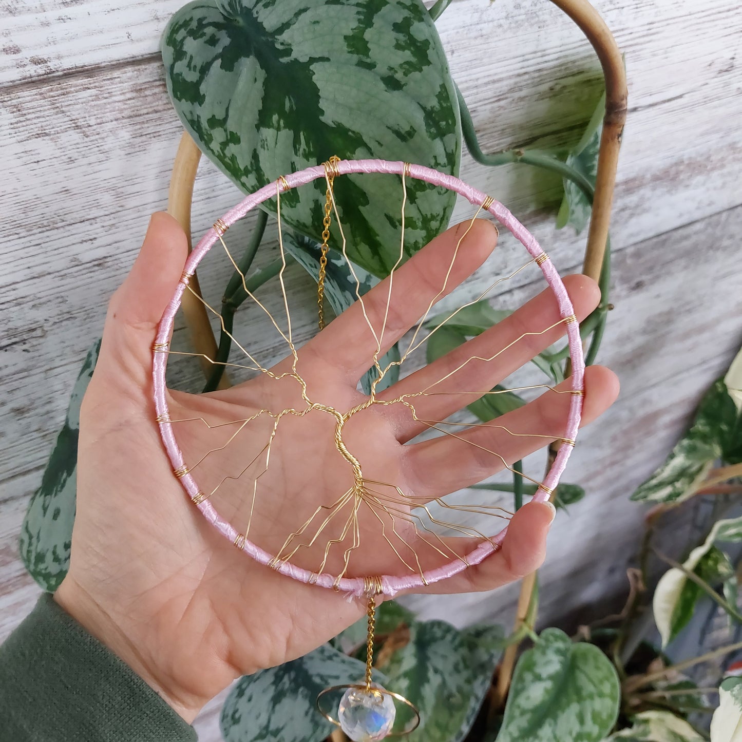 Pink and Gold Tree of Life Dream catcher with celestial rainbow maker
