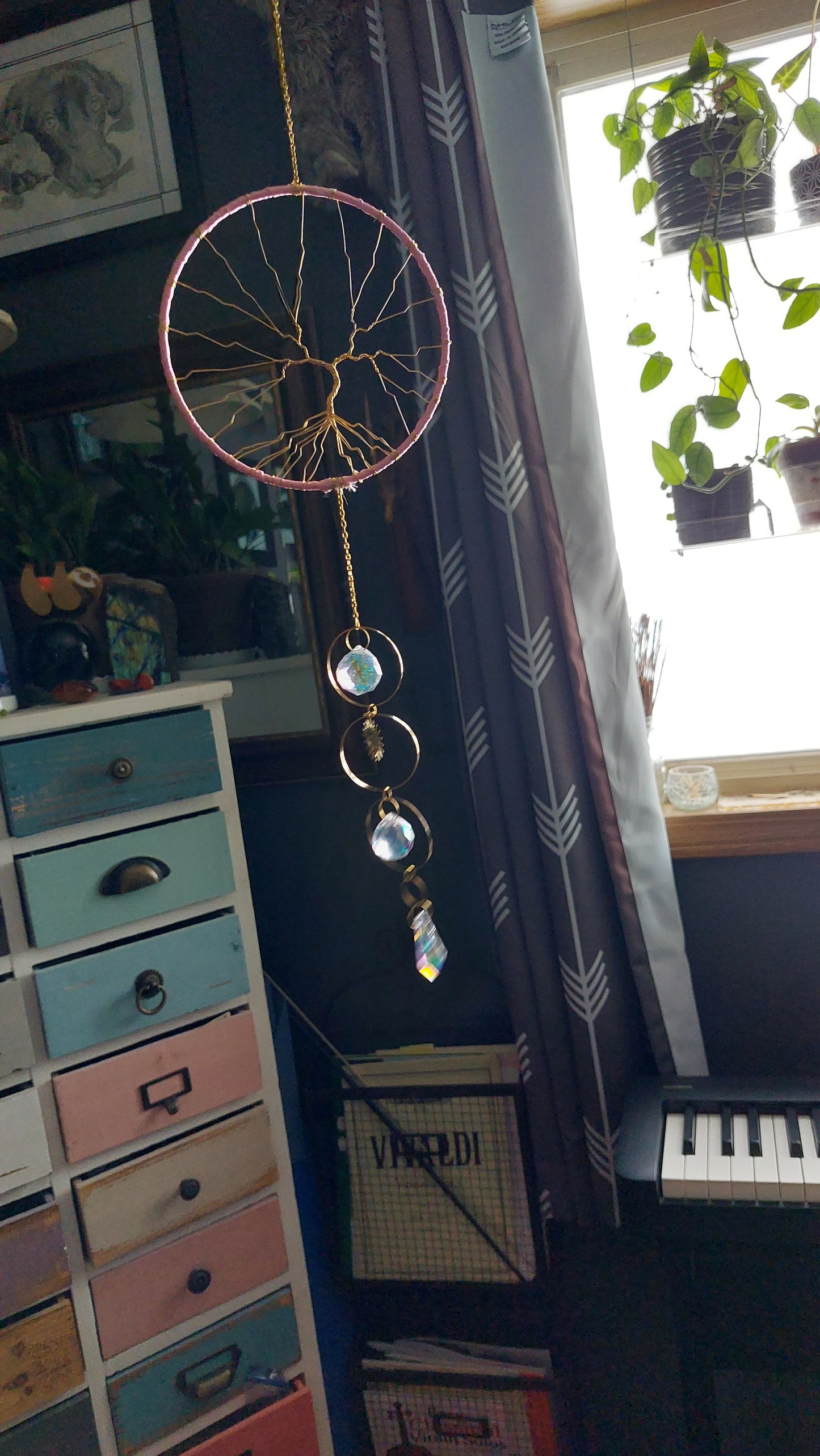 Pink and Gold Tree of Life Dream catcher with celestial rainbow maker