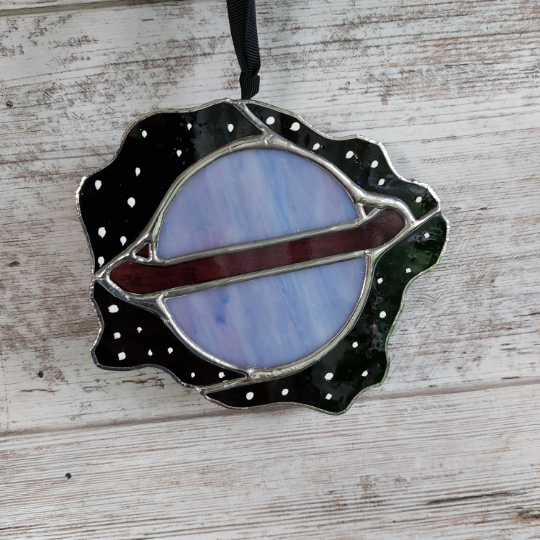 Planet with ring sun catcher in space | solar system planetary decoration, blue purple and black, handmade stained glass decor